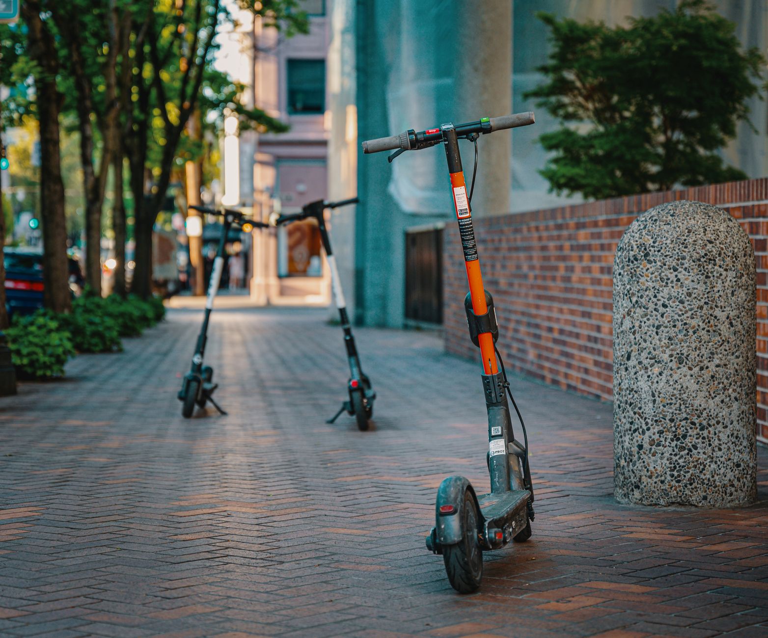 Electric scooters parked on a city sidewalk, embracing urban transportation and modern mobility.